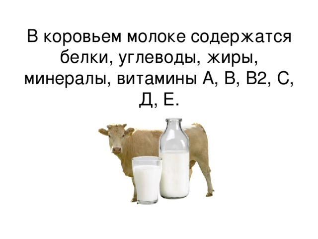 В коровьем молоке содержатся белки, углеводы, жиры, минералы, витамины А, В, В2, С, Д, Е.