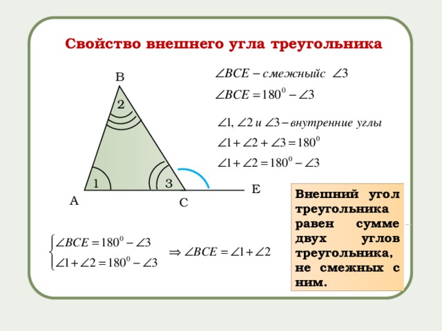 Свойство внешнего угла треугольника B 2 3 1 Е Внешний угол треугольника равен сумме двух углов треугольника, не смежных с ним. A C 