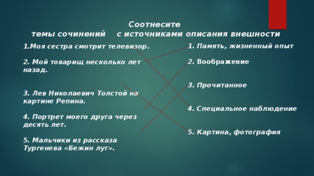 Соотнесите темы сочинений с источниками описания внешности 1. Память, жизненный опыт  2. Воображение   3. Прочитанное   4. Специальное наблюдение   5. Картина, фотография  1.Моя сестра смотрит телевизор.  2. Мой товарищ несколько лет назад.   3. Лев Николаевич Толстой на картине Репина.  4. Портрет моего друга через десять лет.  5. Мальчики из рассказа Тургенева «Бежин луг». 