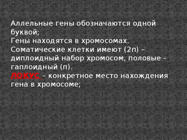 Аллельные гены обозначаются одной буквой; Гены находятся в хромосомах. Соматические клетки имеют (2п) – диплоидный набор хромосом, половые – гаплоидный (п). ЛОКУС – конкретное место нахождения гена в хромосоме; 