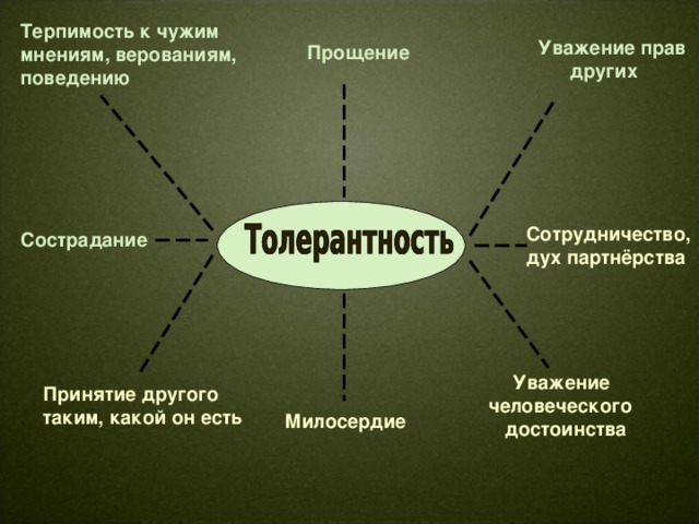 Терпимость к чужим мнениям, верованиям, поведению Уважение прав  других Прощение Сотрудничество, дух партнёрства Сострадание  Уважение человеческого  достоинства  Принятие другого таким, какой он есть Милосердие 