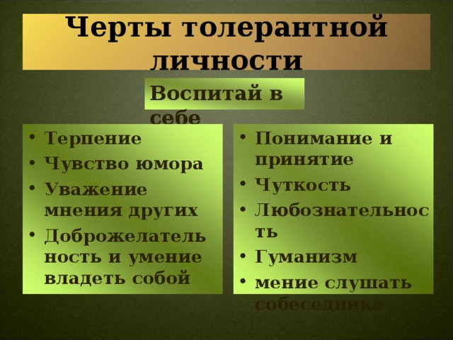 Черты толерантной личности Воспитай в себе Терпение Чувство юмора Уважение мнения других Доброжелательность и умение владеть собой Понимание и принятие Чуткость Любознательность Гуманизм мение слушать собеседника  