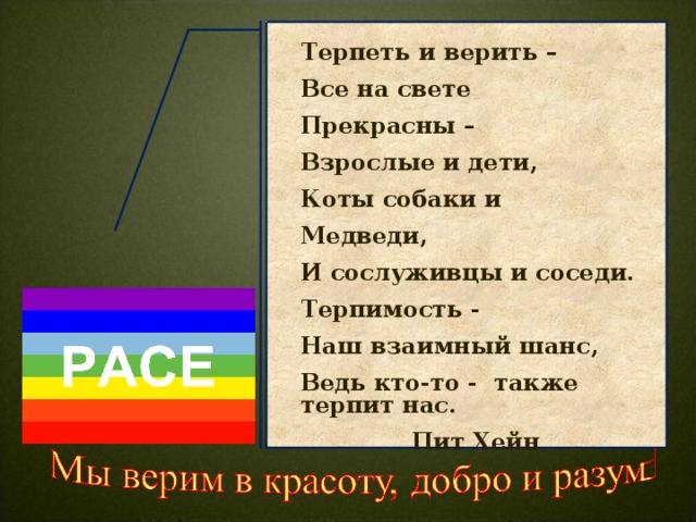 Терпеть и верить – Все на свете Прекрасны – Взрослые и дети, Коты собаки и Медведи, И сослуживцы и соседи. Терпимость - Наш взаимный шанс, Ведь кто-то - также терпит нас. Пит Хейн    