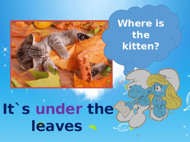 Where is the kitten? It`s under the    leaves   