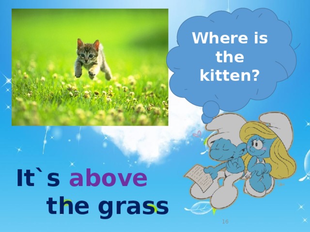Where is the kitten? It`s above    the grass   