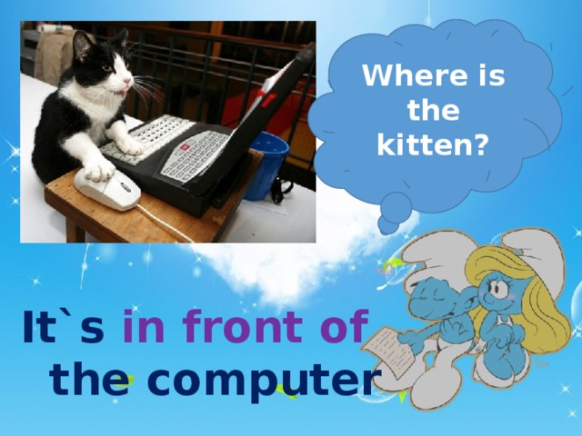 Where is the kitten? It`s in front of  the computer  
