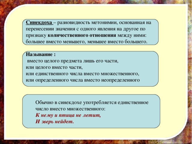 Синекдоха  – разновидность метонимии, основанная на перенесении значения с одного явления на другое по признаку количественного отношения между ними: большее вместо меньшего, меньшее вместо большего.    Называние :   вместо целого предмета лишь его части,  или целого вместо части,  или единственного числа вместо множественного,  или определенного числа вместо неопределенного    Обычно в синекдохе употребляется единственное число вместо множественного:  К нему и птица не летит,  И зверь нейдет. 