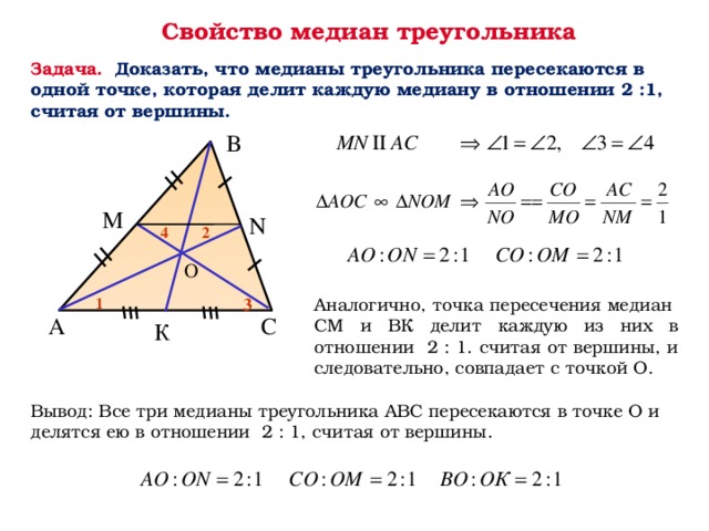 Свойство медиан треугольника Задача. Доказать, что медианы треугольника пересекаются в одной точке, которая делит каждую медиану в отношении 2 :1, считая от вершины. В M N 4 2 О 3 1 Аналогично, точка пересечения медиан СМ и ВК делит каждую из них в отношении 2 : 1. считая от вершины, и следовательно, совпадает с точкой О. С А К Вывод: Все три медианы треугольника АВС пересекаются в точке О и делятся ею в отношении 2 : 1, считая от вершины. 