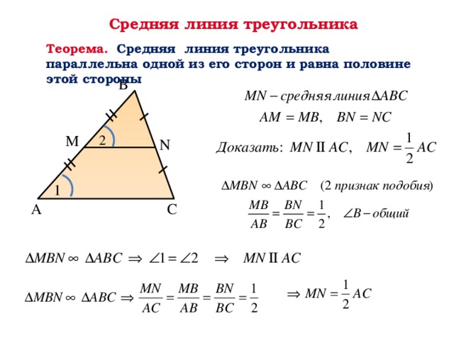 Средняя линия треугольника Теорема. Средняя линия треугольника параллельна одной из его сторон и равна половине этой стороны В M 2 N 1 С А 