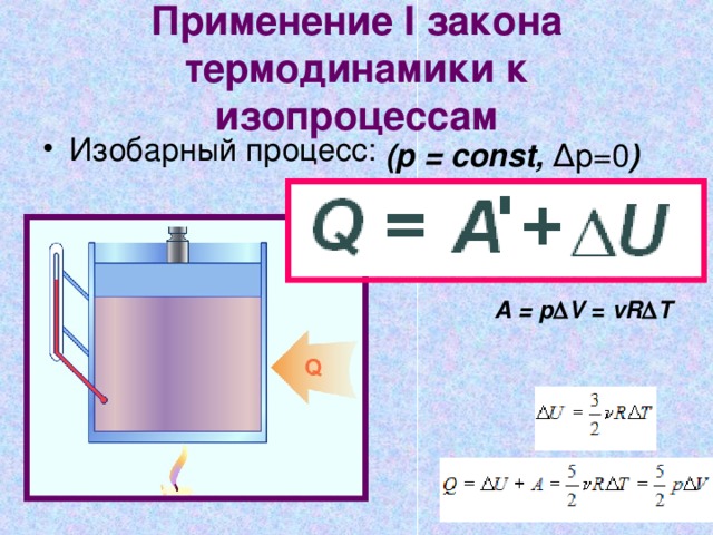Применение I закона термодинамики к изопроцессам Изобарный процесс: (p = const, Δp=0 ) A = p  V = vR  T  