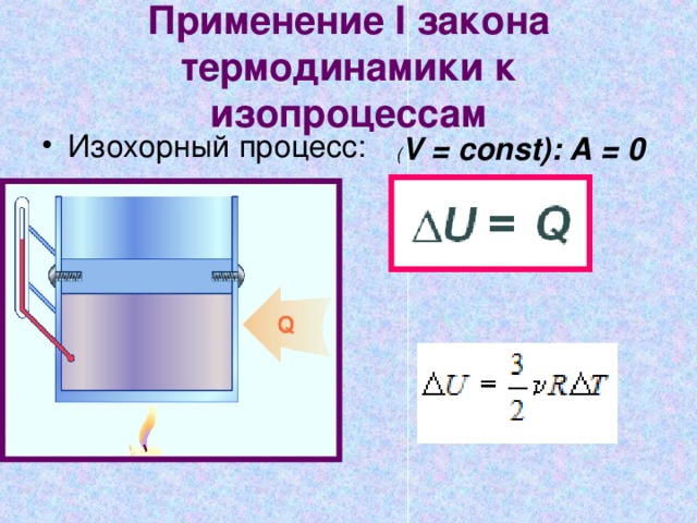 Применение I закона термодинамики к изопроцессам Изохорный процесс: ( V = const): A = 0 
