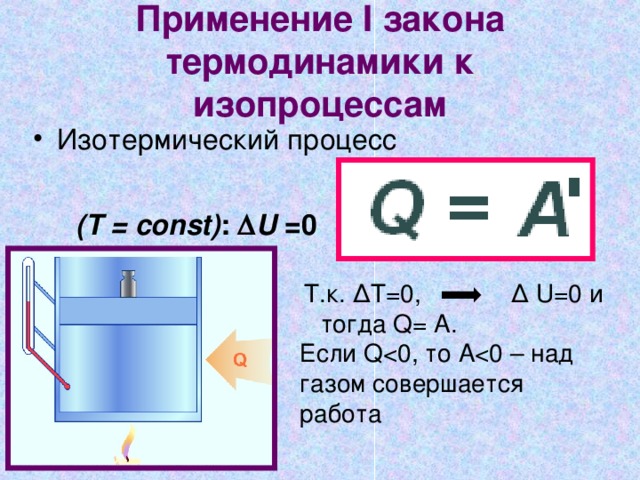 Применение I закона термодинамики к изопроцессам Изотермический процесс (T = const) :  U =0  Т.к. ΔT=0, Δ U=0 и тогда Q= A. Если Q