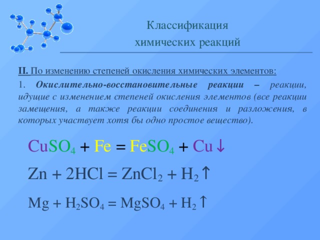 Классификация химических реакций II. По изменению степеней окисления химических элементов: 1. Окислительно-восстановительные реакции – реакции, идущие с изменением степеней окисления элементов (все реакции замещения, а также реакции соединения и разложения, в которых участвует хотя бы одно простое вещество). Cu SO 4  +  Fe  =  Fe SO 4  + Cu↓ Zn + 2HCl = ZnCl 2 + H 2 ↑ Mg + H 2 SO 4 = MgSO 4 + H 2 ↑  