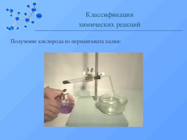 Классификация химических реакций Получение кислорода из перманганата калия:  