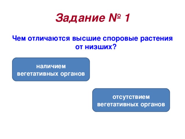 Задание № 1 Чем отличаются высшие споровые растения от низших? наличием вегетативных органов отсутствием вегетативных органов 