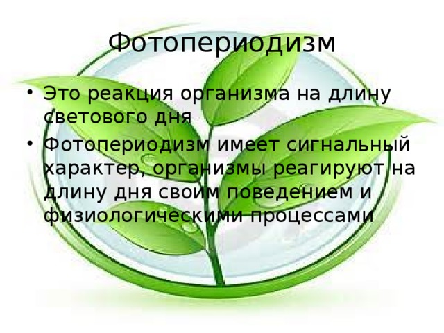 Фотопериодизм Это реакция организма на длину светового дня Фотопериодизм имеет сигнальный характер, организмы реагируют на длину дня своим поведением и физиологическими процессами 