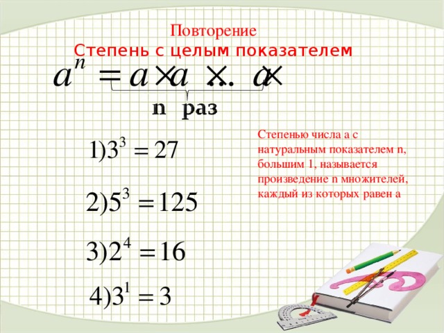 Повторение Степень с целым показателем Степенью числа а с натуральным показателем n, большим 1, называется произведение n множителей, каждый из которых равен а 