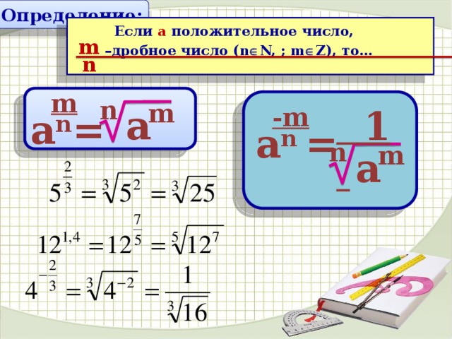 Определение:  Если a положительное число, – дробное число (n  N, ; m  Z), то… m n m n m а -m  1 а n = а n = n m а  