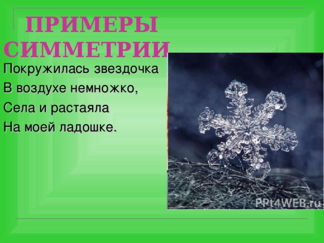  ПРИМЕРЫ СИММЕТРИИ Покружилась звездочка В воздухе немножко, Села и растаяла На моей ладошке.  