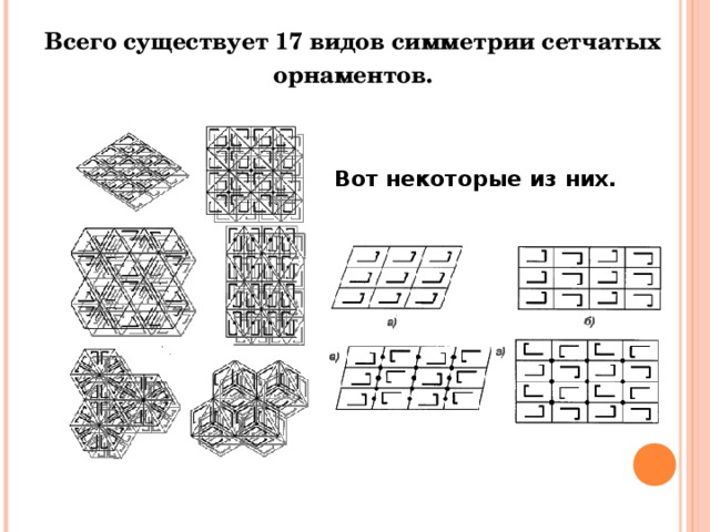 Всего существует 17 видов симметрии сетчатых орнаментов. Вот некоторые из них. 