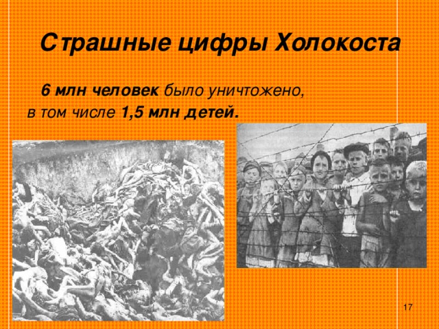 Страшные цифры Холокоста  6 млн человек было уничтожено, в том числе 1,5 млн детей.   
