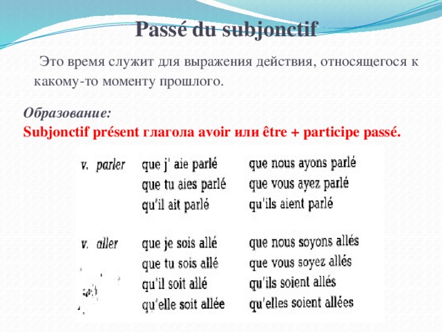Passé du subjonctif   Это время служит для выражения действия, относящегося к какому-то моменту прошлого. Образование:  Subjonctif présent глагола avoir или être + participe passé. 