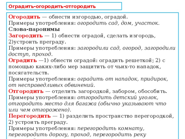 Паронимы Огородить – оградить. Разница слов, примеры