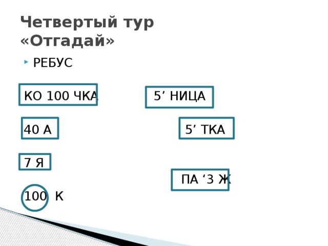 Четвертый тур  «Отгадай» РЕБУС КО 100 ЧКА 5’ НИЦА 40 А 5’ ТКА 7 Я  ПА ‘3 Ж 100 К 