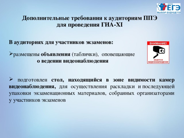 Дополнительные требования к аудиториям ППЭ  для проведения ГИА-XI В аудиториях для участников экзаменов: размещены объявления (таблички), оповещающие о ведении видеонаблюдения   подготовлен стол, находящийся в зоне видимости камер видеонаблюдения, для осуществления раскладки и последующей упаковки экзаменационных материалов, собранных организаторами у участников экзаменов 