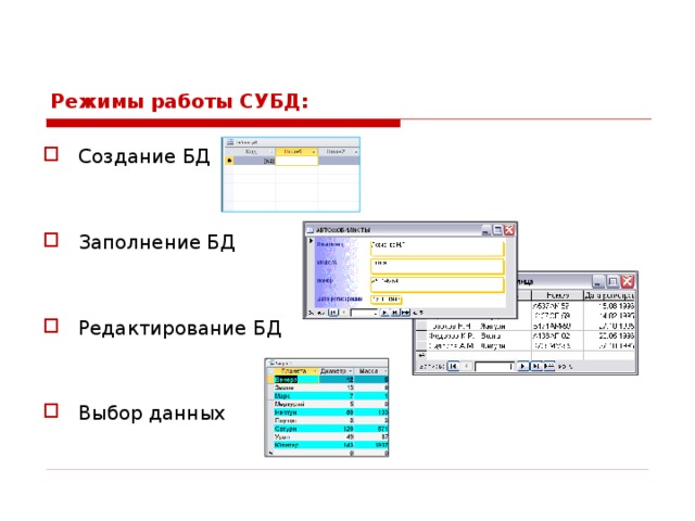 Создание и редактирование базы данных. Основные режимы работы с БД. Режим работы базы данных.