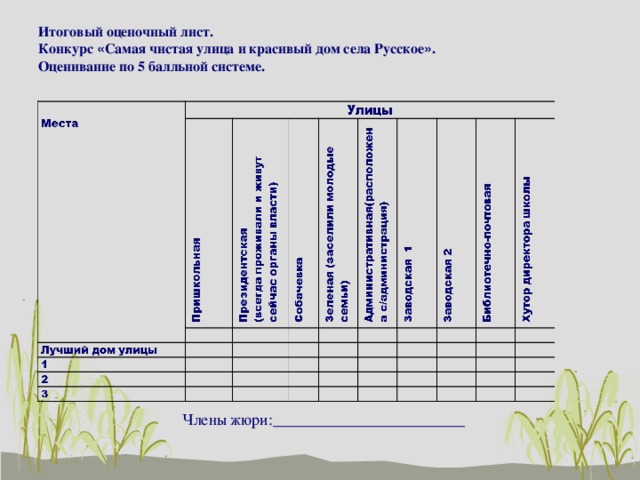 Оценочный лист жюри конкурса образец