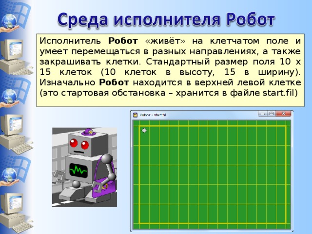 Исполнитель Робот «живёт» на клетчатом поле и умеет перемещаться в разных направлениях, а также закрашивать клетки. Стандартный размер поля 10 х 15 клеток (10 клеток в высоту, 15 в ширину). Изначально Робот находится в верхней левой клетке (это стартовая обстановка – хранится в файле start.fil) 