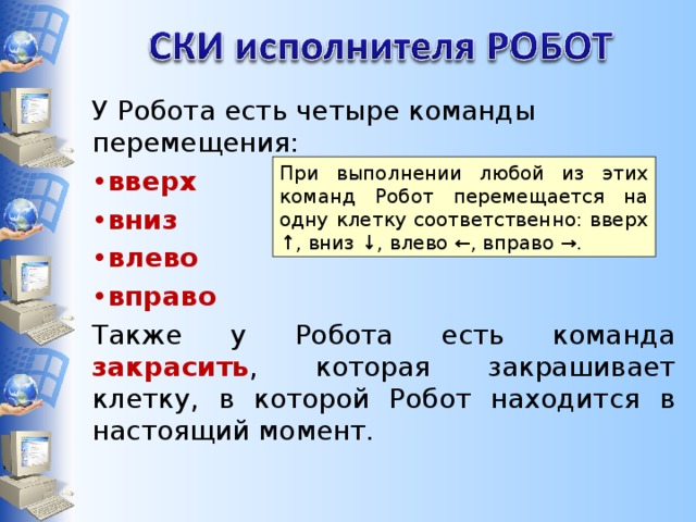 У Робота есть четыре команды перемещения: вверх вниз влево вправо Также у Робота есть команда закрасить , которая закрашивает клетку, в которой Робот находится в настоящий момент. При выполнении любой из этих команд Робот перемещается на одну клетку соответственно: вверх ↑, вниз ↓, влево ←, вправо →. 