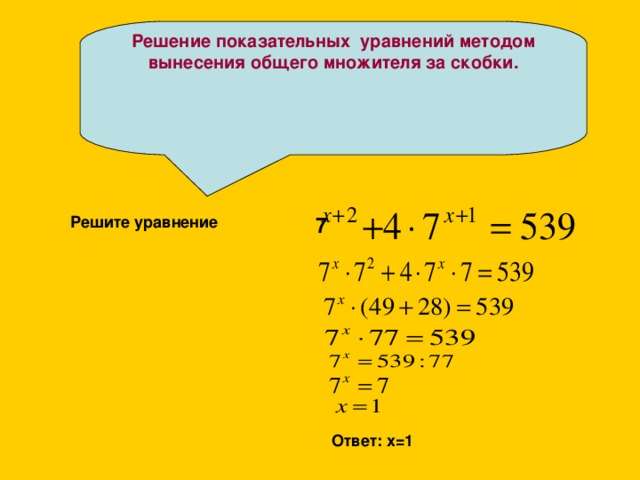 Решение показательных уравнений методом вынесения общего множителя за скобки. Решите уравнение 7 Ответ: х=1 