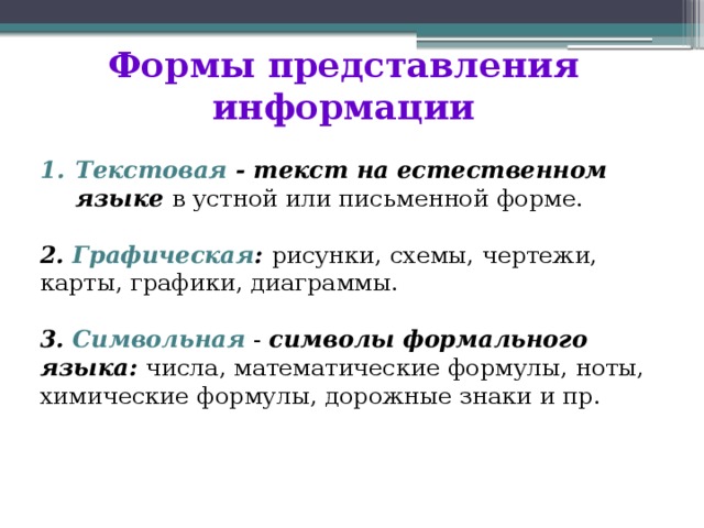 Текстовая информация это информация представленная в форме письменного текста рисунки схемы графики