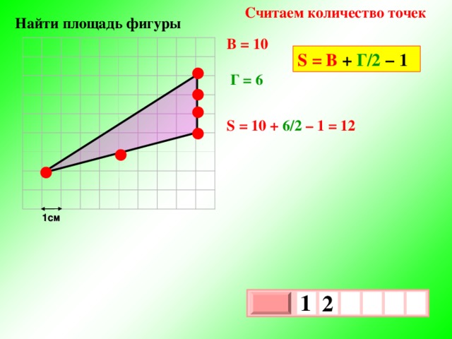 Считаем количество точек  Найти площадь фигуры В = 10 S = В + Г/2 − 1 ● Г = 6 ● ● S = 10 + 6/2 – 1 = 12 ● ● ● 1см 1  2     х 3 х 1 0 