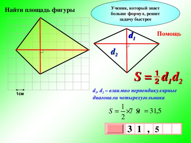 Ученик, который знает больше формул, решит задачу быстрее Найти площадь фигуры d 1 Помощь d 2 S =  d 1  d 2 1 2 d 1 , d 2 – взаимно перпендикулярные диагонали четырехугольника 1см 3 , 1  5   х 3 х 1 0 