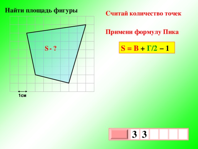 Найти площадь фигуры Считай количество точек Примени формулу Пика S = В + Г/2 − 1 S  - ? 1см 3  3     х 3 х 1 0 