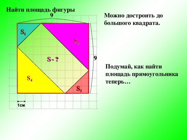  Найти площадь фигуры 9 Можно достроить до большого квадрата.  S 1 9 S  - ? Подумай, как найти площадь прямоугольника теперь… S 3 1см 