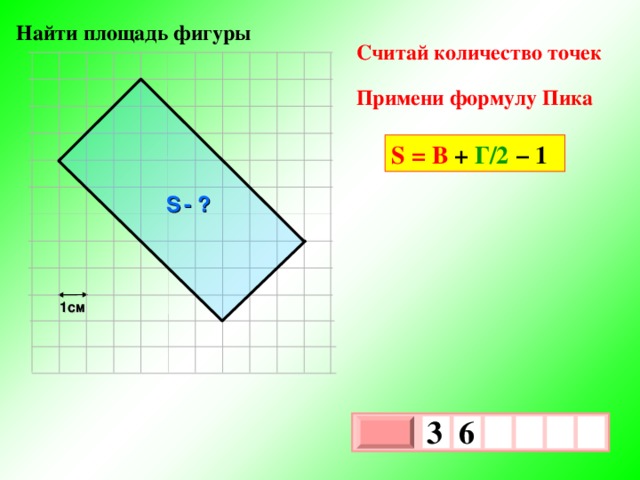 Найти площадь фигуры Считай количество точек Примени формулу Пика S = В + Г/2 − 1 S  - ? 1см 3  6     х 3 х 1 0 