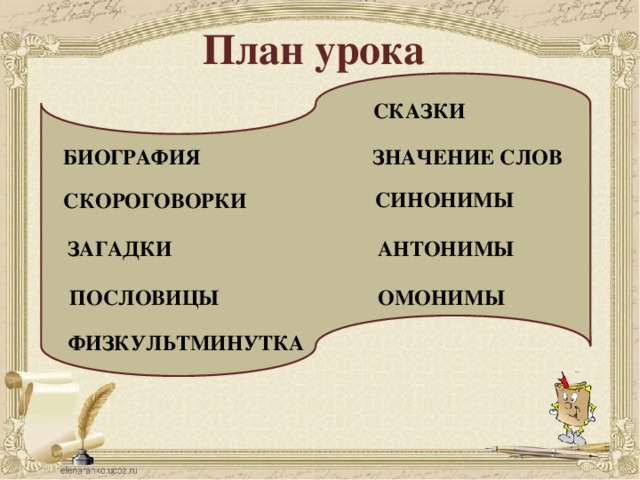 План урока СКАЗКИ БИОГРАФИЯ ЗНАЧЕНИЕ СЛОВ СИНОНИМЫ СКОРОГОВОРКИ АНТОНИМЫ ЗАГАДКИ ПОСЛОВИЦЫ ОМОНИМЫ ФИЗКУЛЬТМИНУТКА