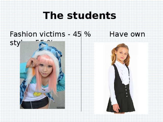 The students Fashion victims - 45 % Have own style – 55 % 