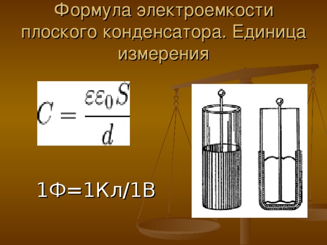 Формула электроемкости плоского конденсатора. Единица измерения 1Ф=1Кл/1В 1Ф=1Кл/1В 