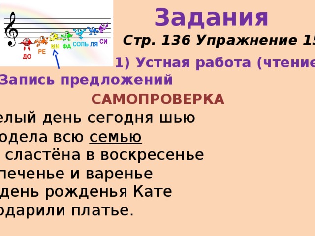 Задания Стр. 136 Упражнение 15 1) Устная работа (чтение) 2) Запись предложений САМОПРОВЕРКА Целый день сегодня шью Я одела всю семью Ел сластёна в воскресенье И печенье и варенье В день рожденья Кате Подарили платье. 