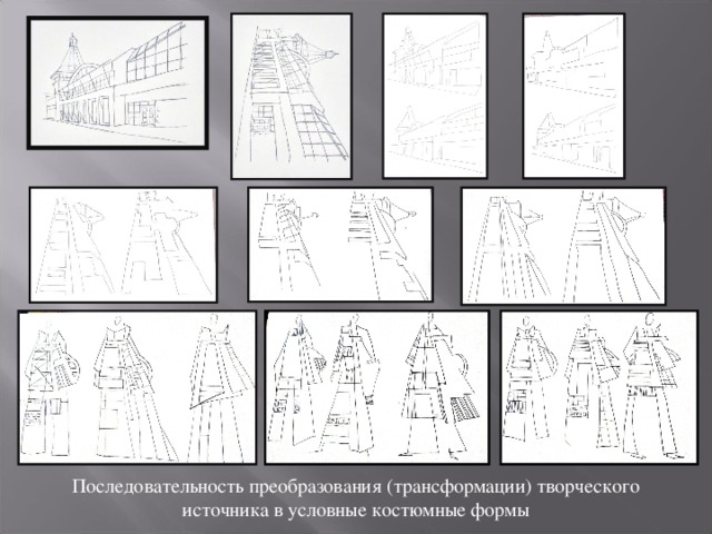 Последовательность преобразования (трансформации) творческого источника в условные костюмные формы 