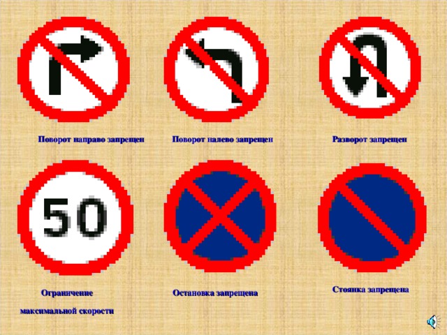Поворот направо запрещен  Поворот налево запрещен Разворот запрещен Стоянка запрещена Ограничение максимальной скорости Остановка запрещена  