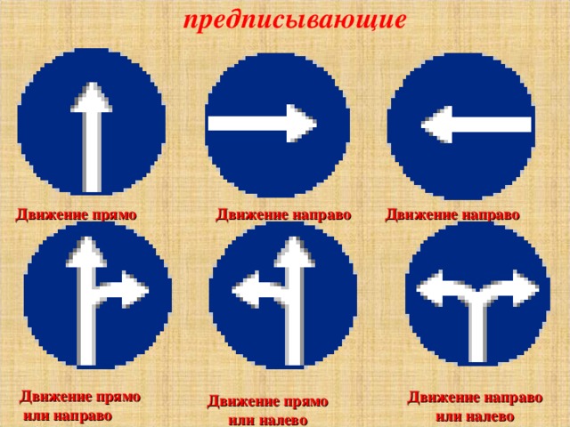 предписывающие   Движение прямо  Движение направо   Движение направо   Движение прямо  или направо  Движение направо  или налево Движение прямо или налево 