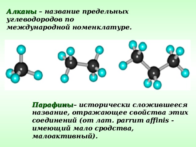 Алканы – название предельных углеводородов по международной номенклатуре. Парафины – исторически сложившееся название, отражающее свойства этих соединений (от лат. parrum affinis - имеющий мало сродства, малоактивный).   