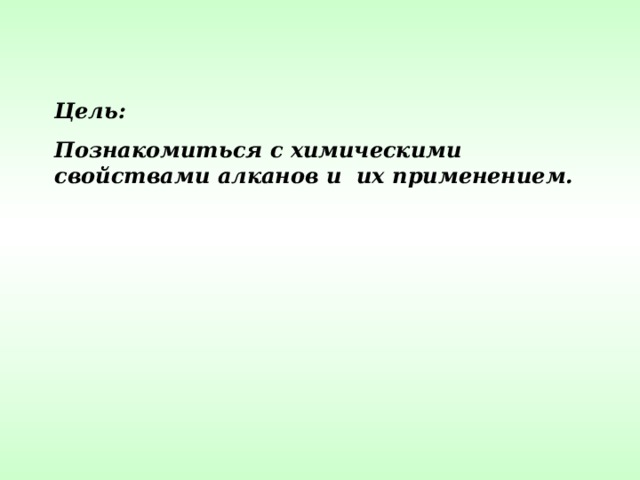 Цель: Познакомиться с химическими свойствами алканов и их применением. 