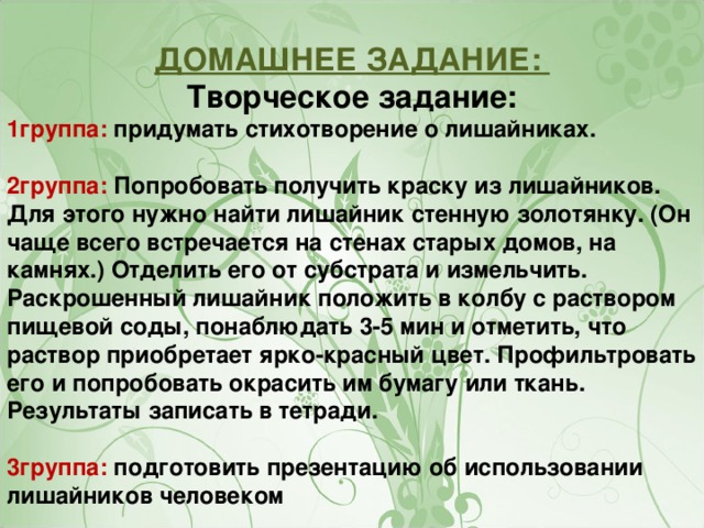 ДОМАШНЕЕ ЗАДАНИЕ: Творческое задание: 1группа: придумать стихотворение о лишайниках.  2группа: Попробовать получить краску из лишайников. Для этого нужно найти лишайник стенную золотянку. (Он чаще всего встречается на стенах старых домов, на камнях.) Отделить его от субстрата и измельчить. Раскрошенный лишайник положить в колбу с раствором пищевой соды, понаблюдать 3-5 мин и отметить, что раствор приобретает ярко-красный цвет. Профильтровать его и попробовать окрасить им бумагу или ткань. Результаты записать в тетради.  3группа: подготовить презентацию об использовании лишайников человеком 